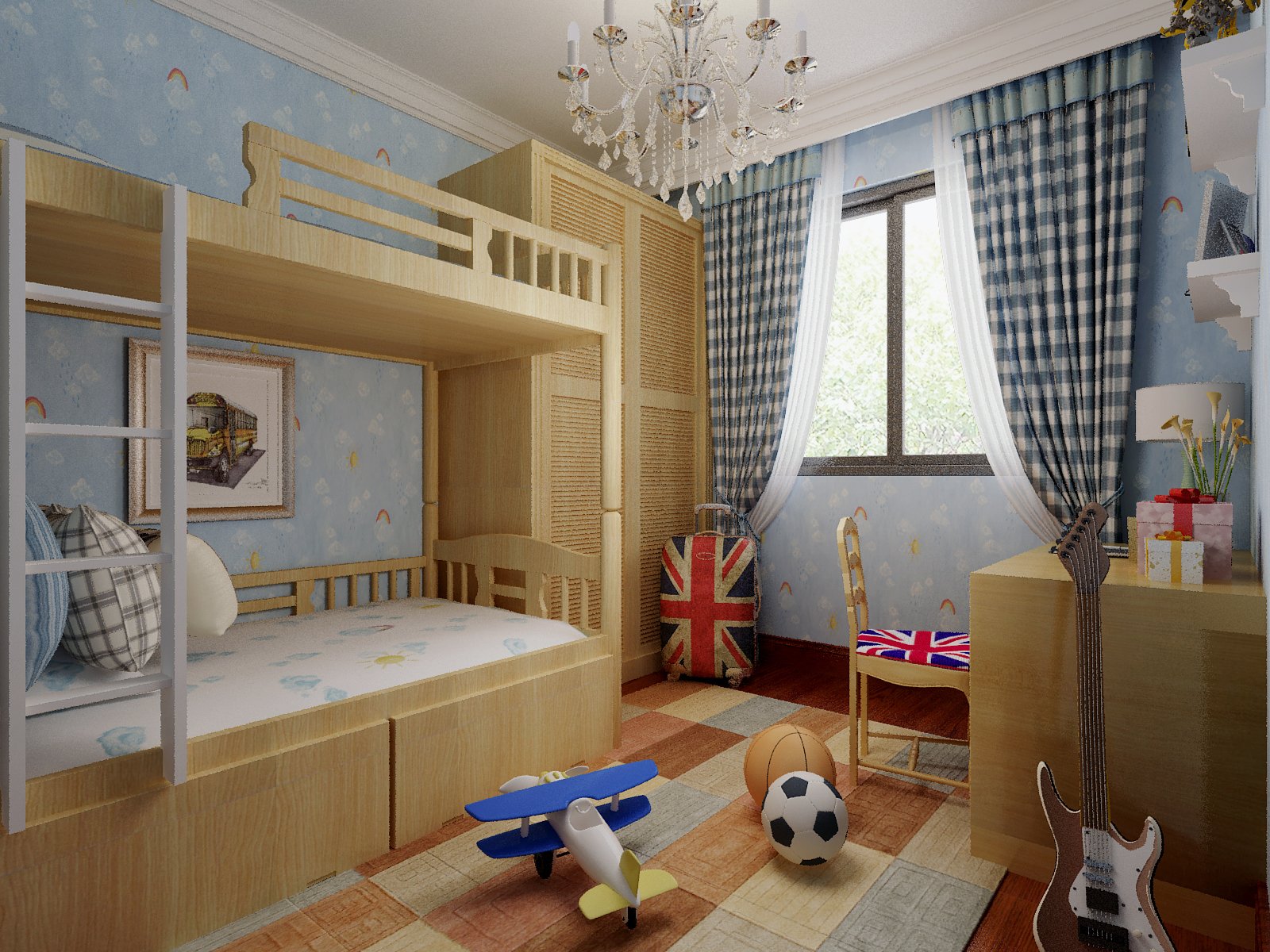 儿童房这样的简欧风格中，其实并没有太多的装饰，淡蓝色的墙面，深色的木地板，然后铺上几个垫子，一个简欧的床，再加上一套休闲桌椅。这样的设计对于孩子来说也是非常的合适的，它可以让孩子保持一个好的心情。.jpg
