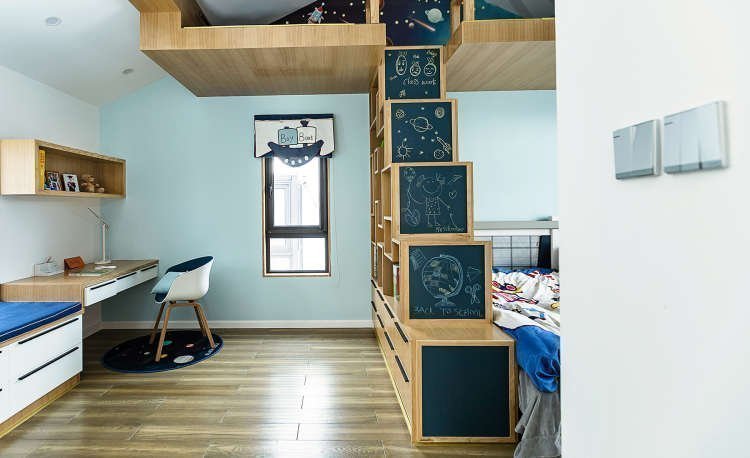 装修-双子房 双胞胎房间更加注重的是趣味性,房间用趣味书柜做了隔断