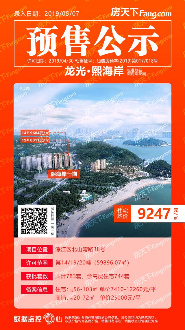 龙光熙海岸744套住宅预售备案价7410-12260元/平
