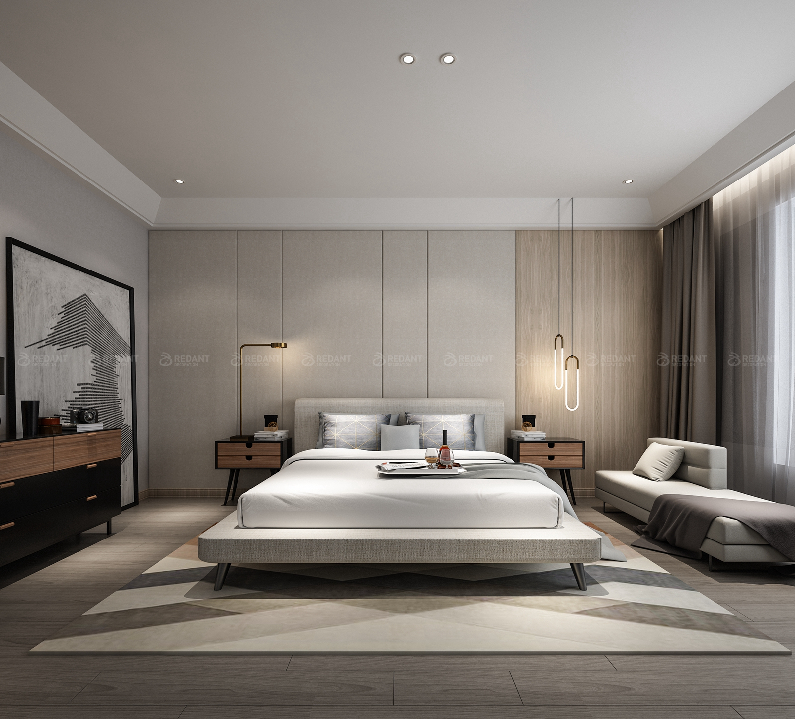 名君别院300㎡现代风格卧室次卧,以温润的墙布和硬包营造质朴却涵容