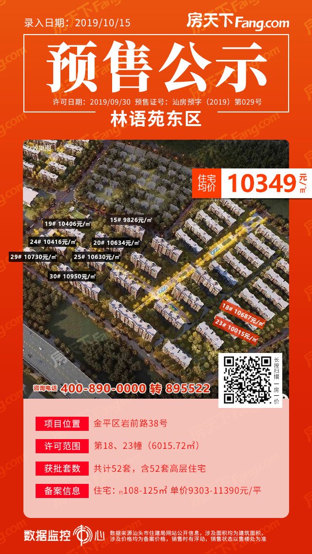 林语苑东区52套住宅预售备案价9303-11390元/平