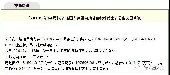 楼面价2920元㎡！梁顺地产摘得旅顺水师营6万余㎡住宅地