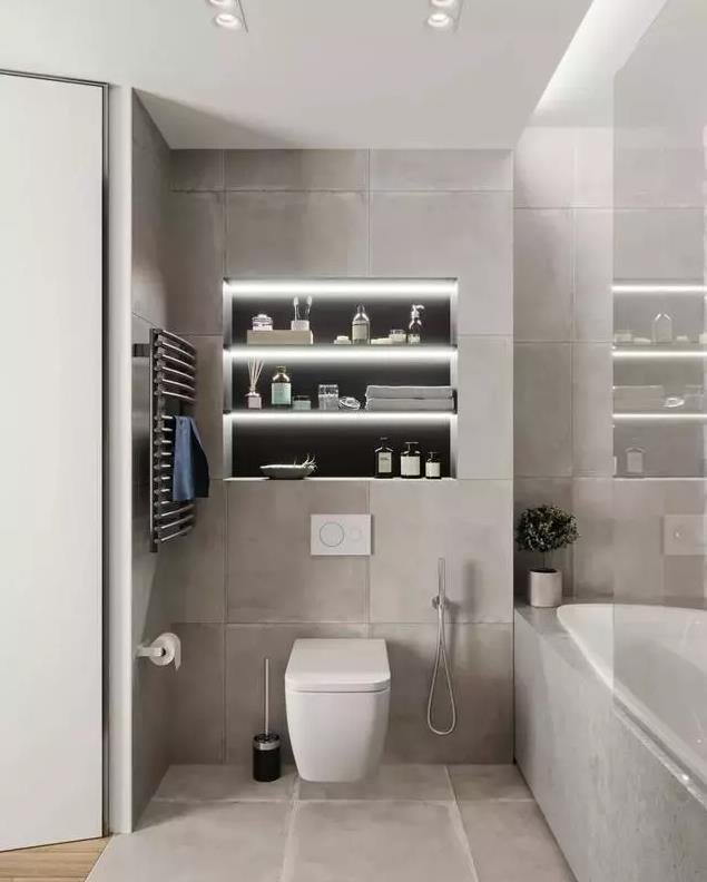 淋浴区,洗漱台上方,马桶上方都可以设计壁龛,让洗漱用品有了容身之处