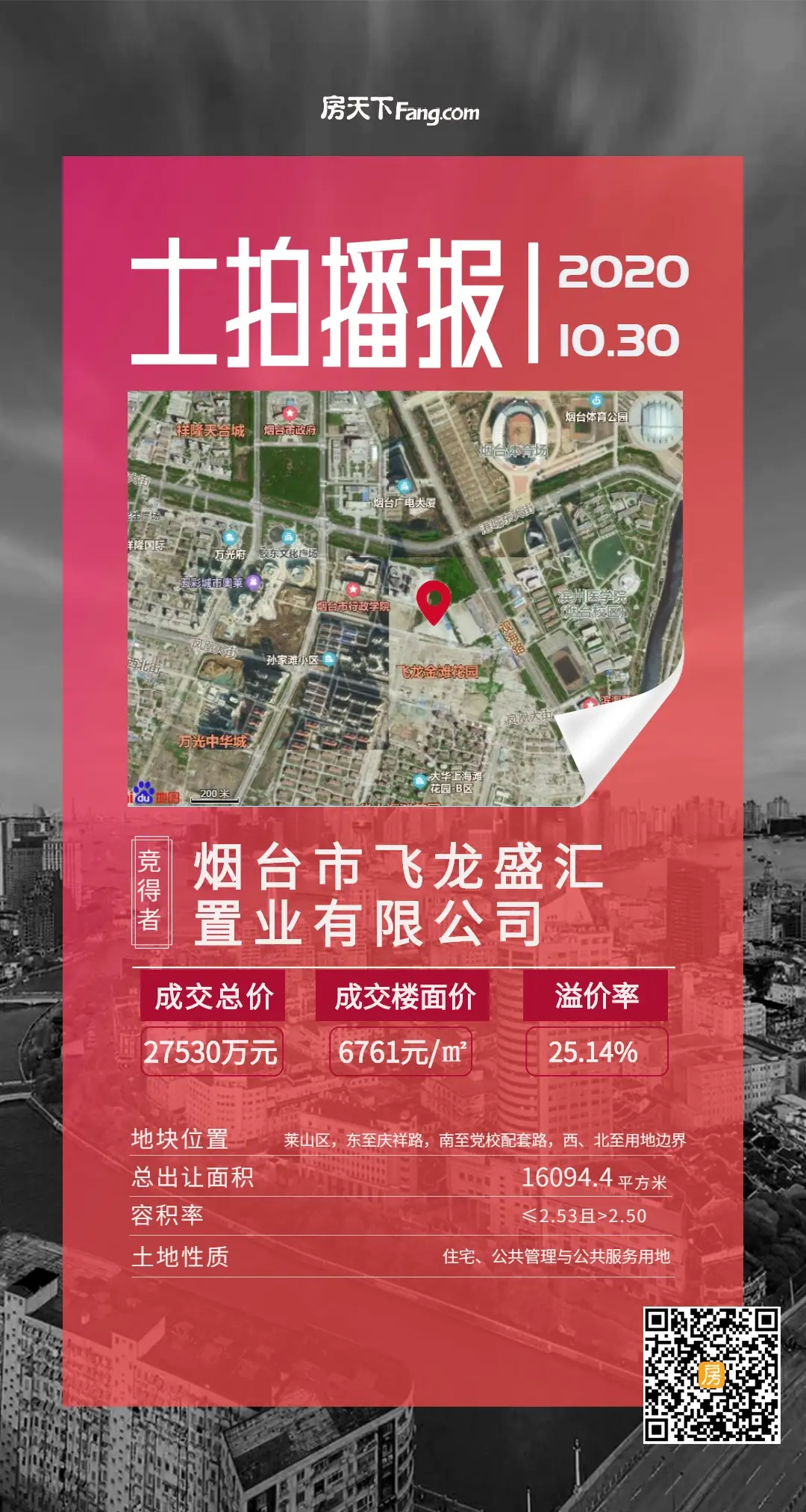 楼面价6761元/平！飞龙竞得烟台市委党校东南宗地