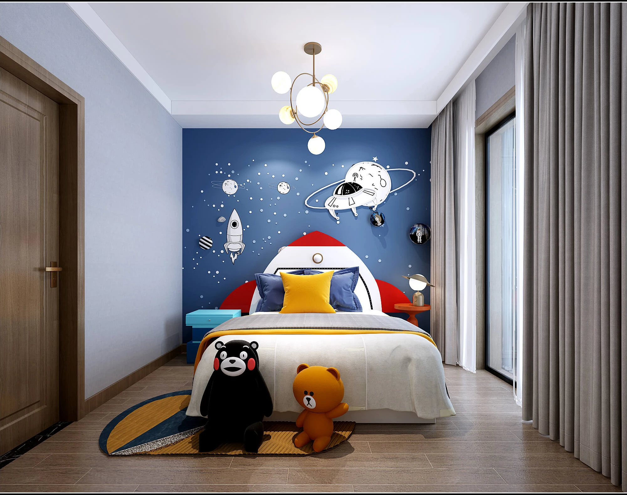 儿童房采用太空主题壁布,给男孩房带来科技主题
