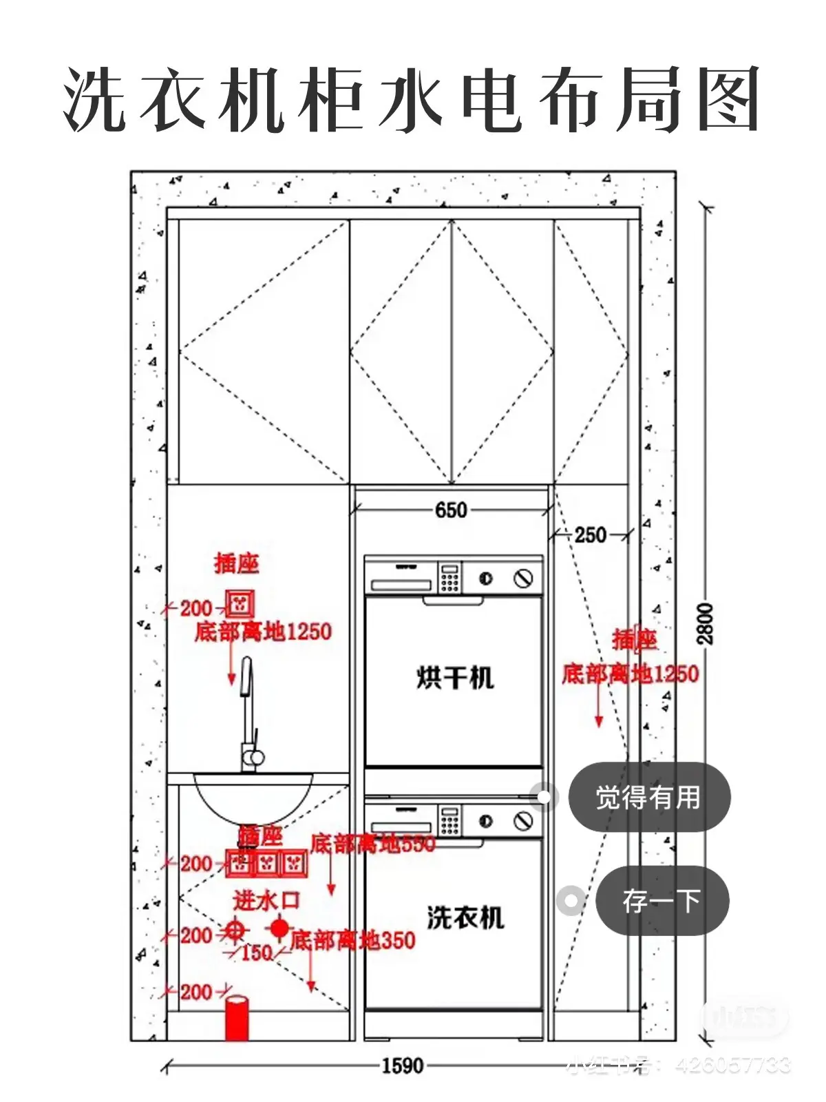 附上了我家的洗衣柜空间布局图和水电布局图,如果你家里也想装一个