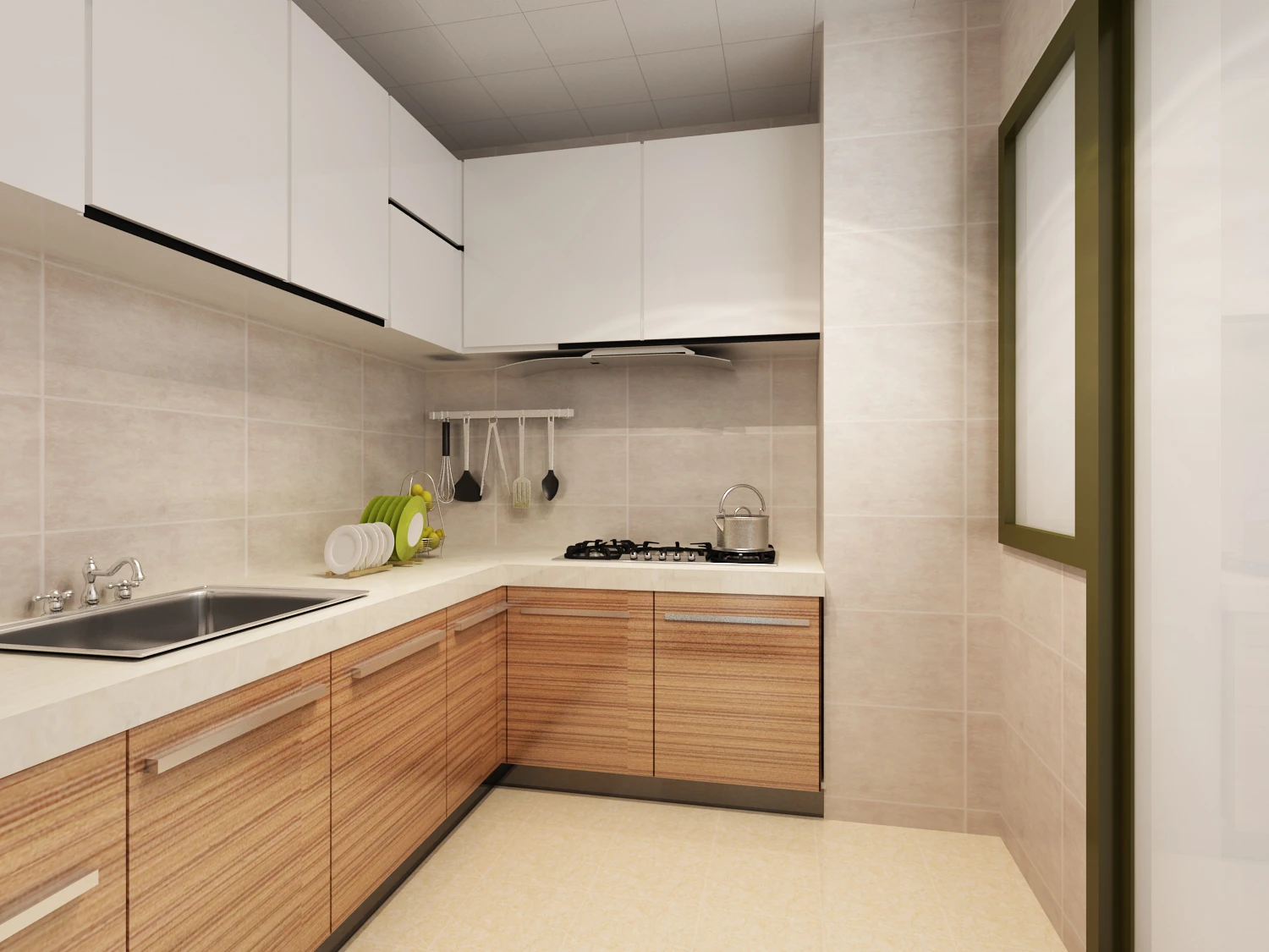 整体橱柜的设计以及颜色的选择和客厅色调一致，强大的储物功能，让厨房家电用品能更好的收纳.jpg