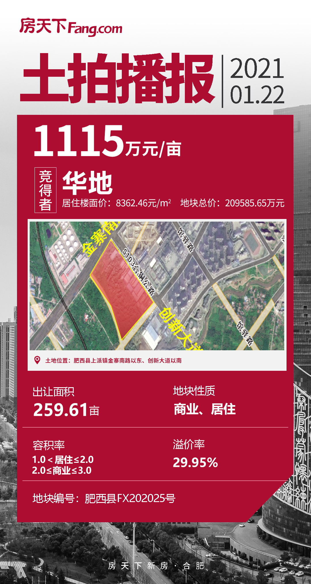 房天下快讯|华地以1115万元/亩竞得位于肥西上派金寨南路以东、创新大道以南的FX202025号地块