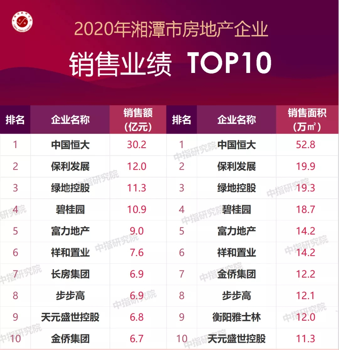 2020年湖南常株潭房企销售业绩排行榜