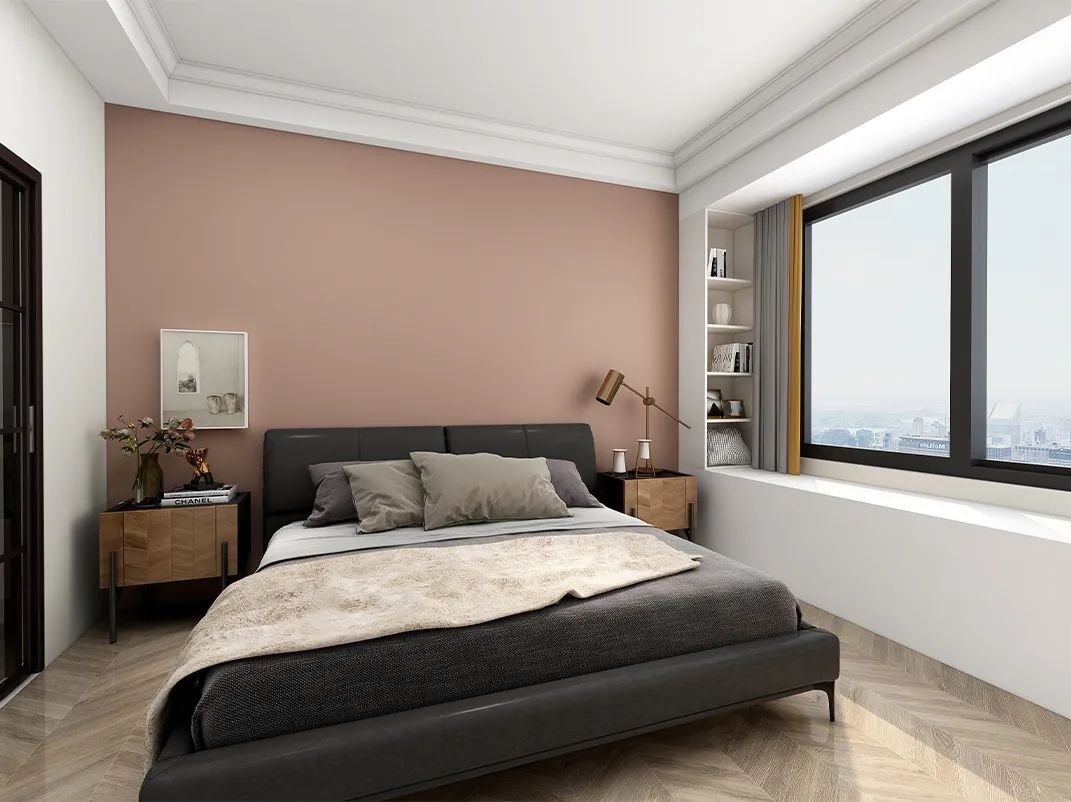 次卧室里浅灰色格栅和灰色杏子灰艺术涂料相对比的色彩，让整个空间温馨又显得有文艺格调-家居美图_装一网装修效果图