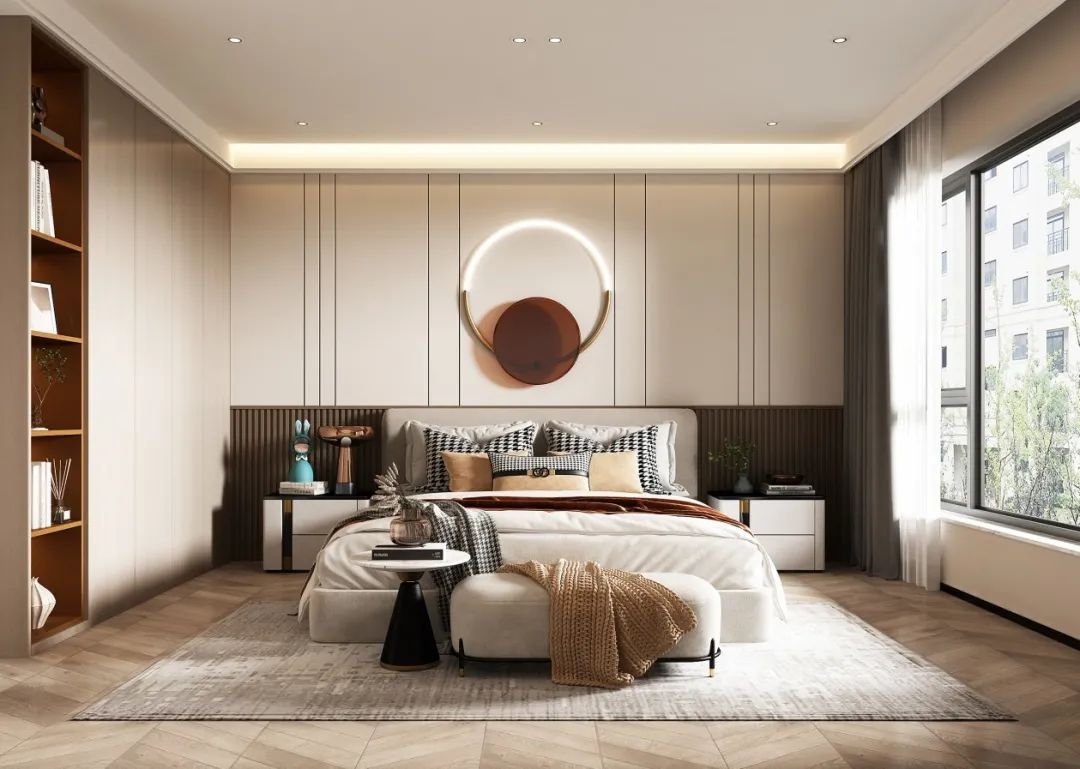 中式新古典卧室软包床头背景墙效果图 – 设计本装修效果图