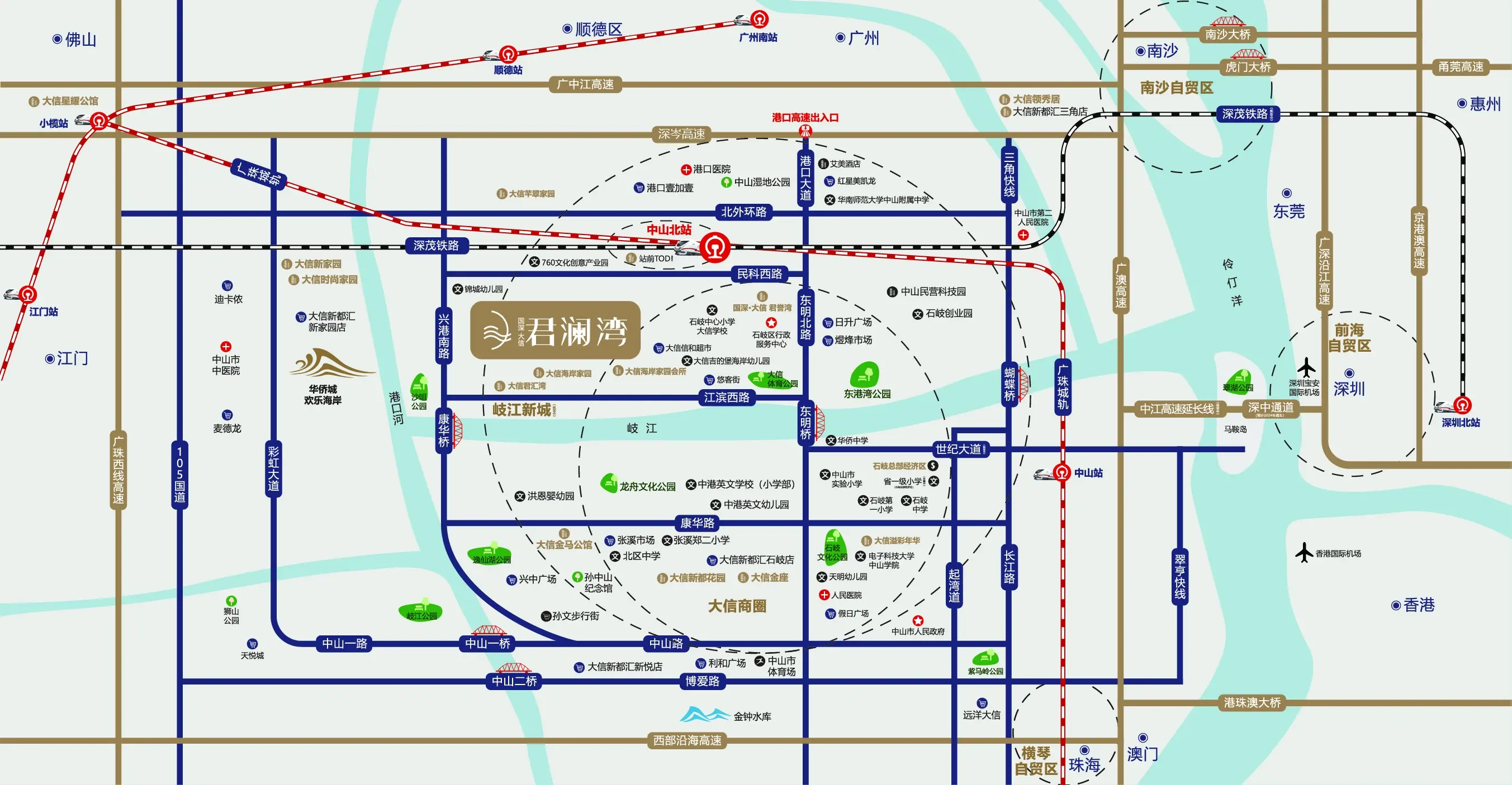 港口出入口,可快速到江门,转广珠西线高速可以去到中山北部产业重镇及