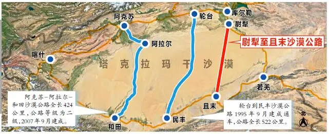 尉且沙漠公路建成通车后,且末到库尔勒的距离将缩短280公里,行车时间