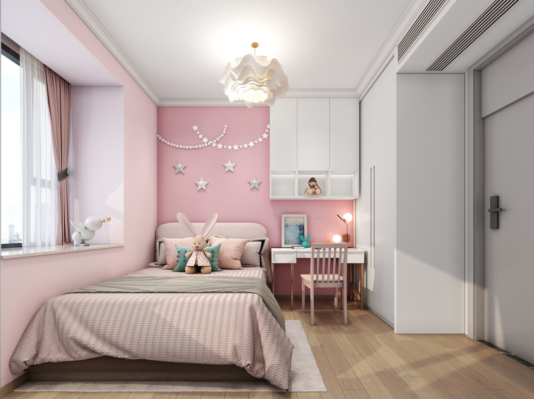 女孩房间同样以梦幻的少女颜色粉色为主色调,女孩房的格局和男孩房的