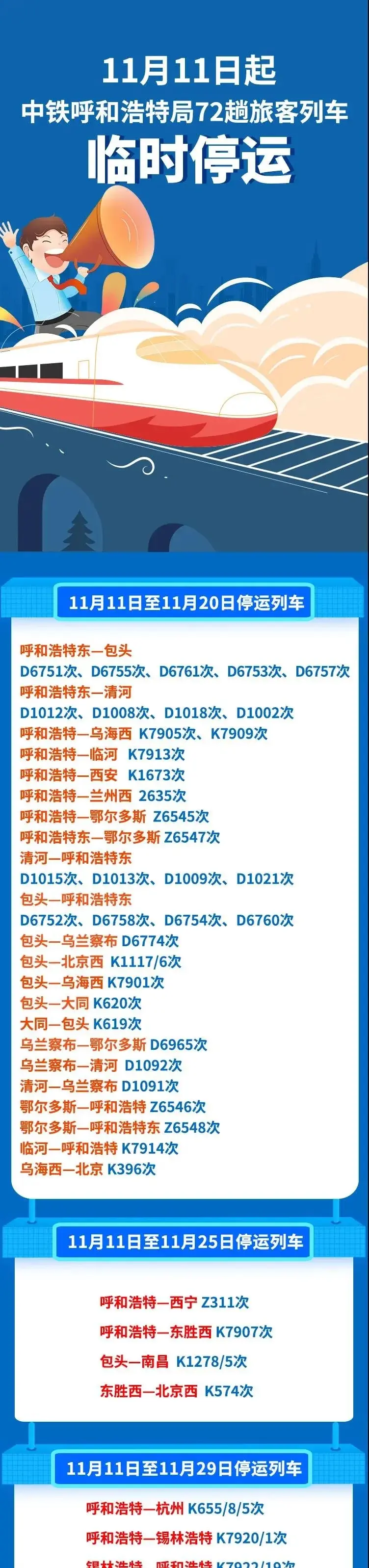出行提醒！11月11日起 中铁呼和浩特局72趟旅客列车临时停运