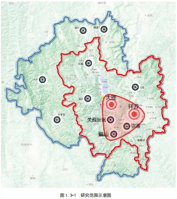 包括大理,祥云,巍山,弥渡同城化区域,以及宾川,漾濞和洱源3县,面积为