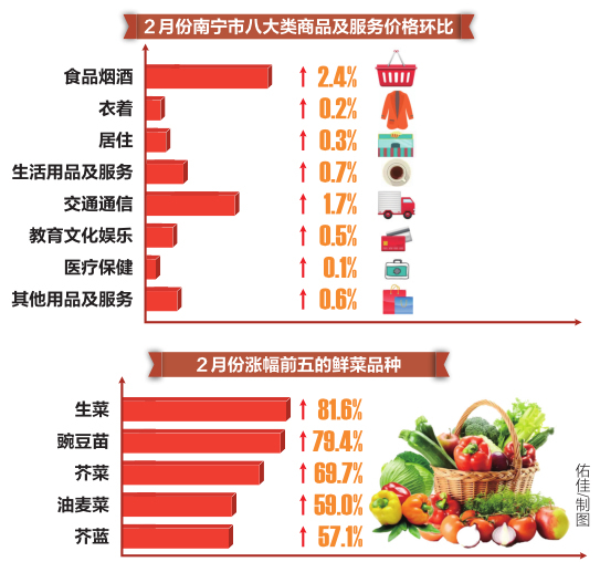 今年2月南宁市CPI主要数据发布 菜价涨幅超八成，猪肉价持续走低