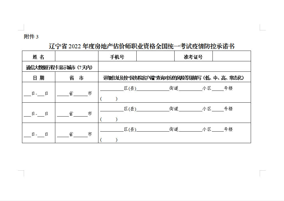 辽宁省2022年度房地产估价师职业资格全国统一考试疫情防控承诺书