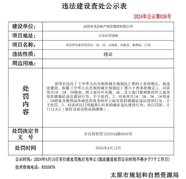 山西省光信地产投资集团有限公司违法建设查处公示