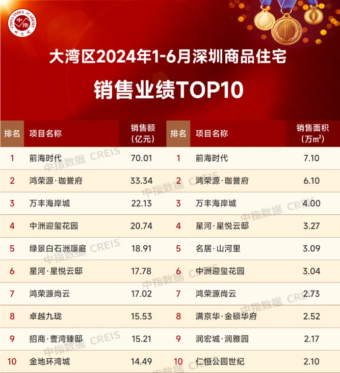 大湾区2024年1-6月深圳房地产企业销售业绩TOP20