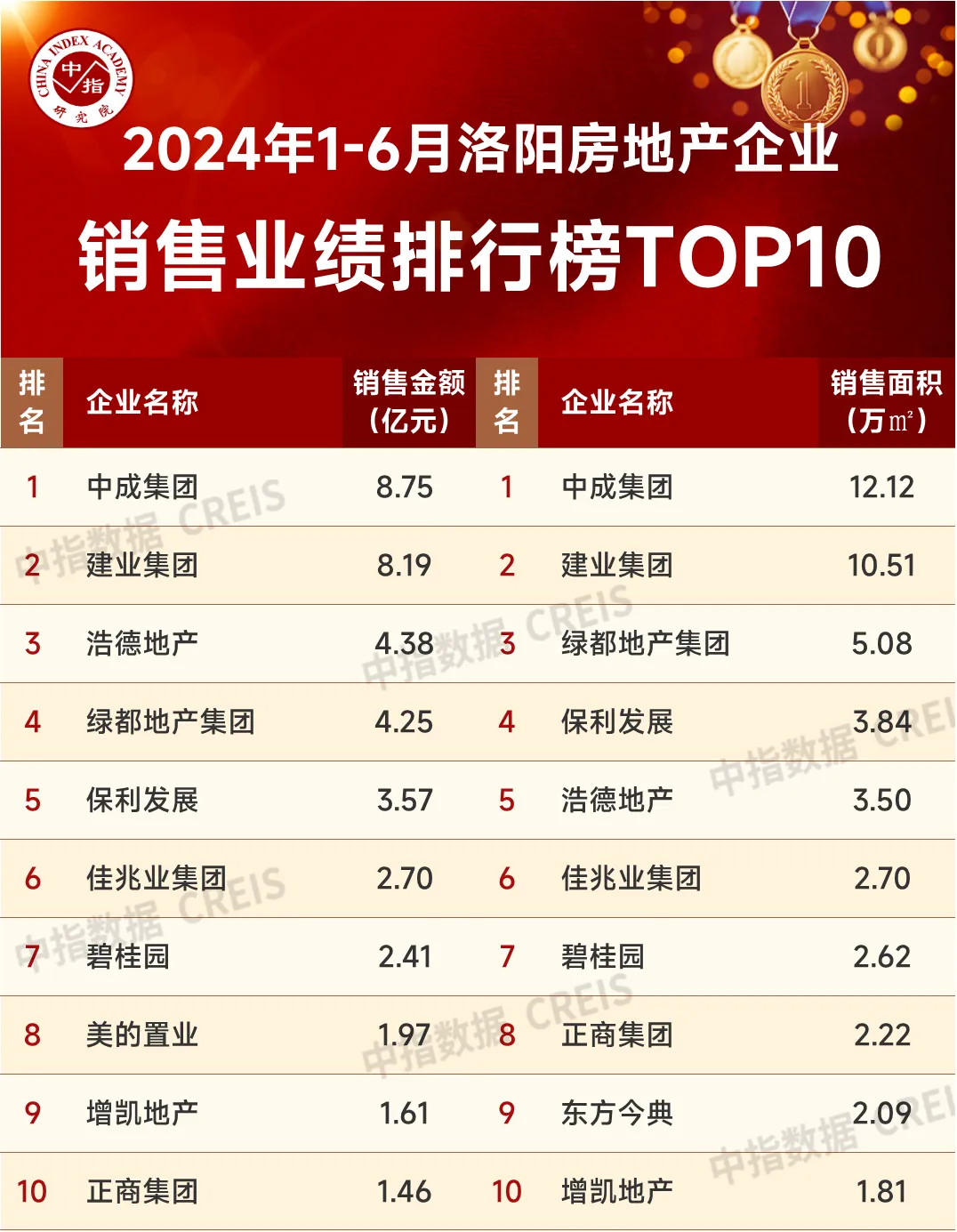 2024年1-6月洛阳房地产企业销售业绩TOP10