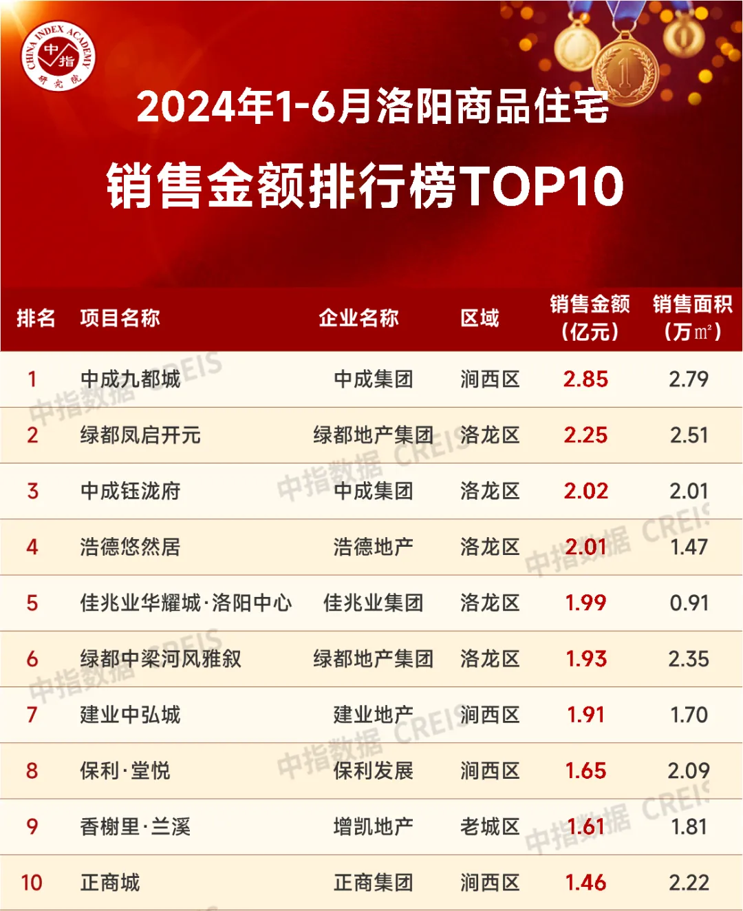 2024年1-6月洛阳房地产企业销售业绩TOP10