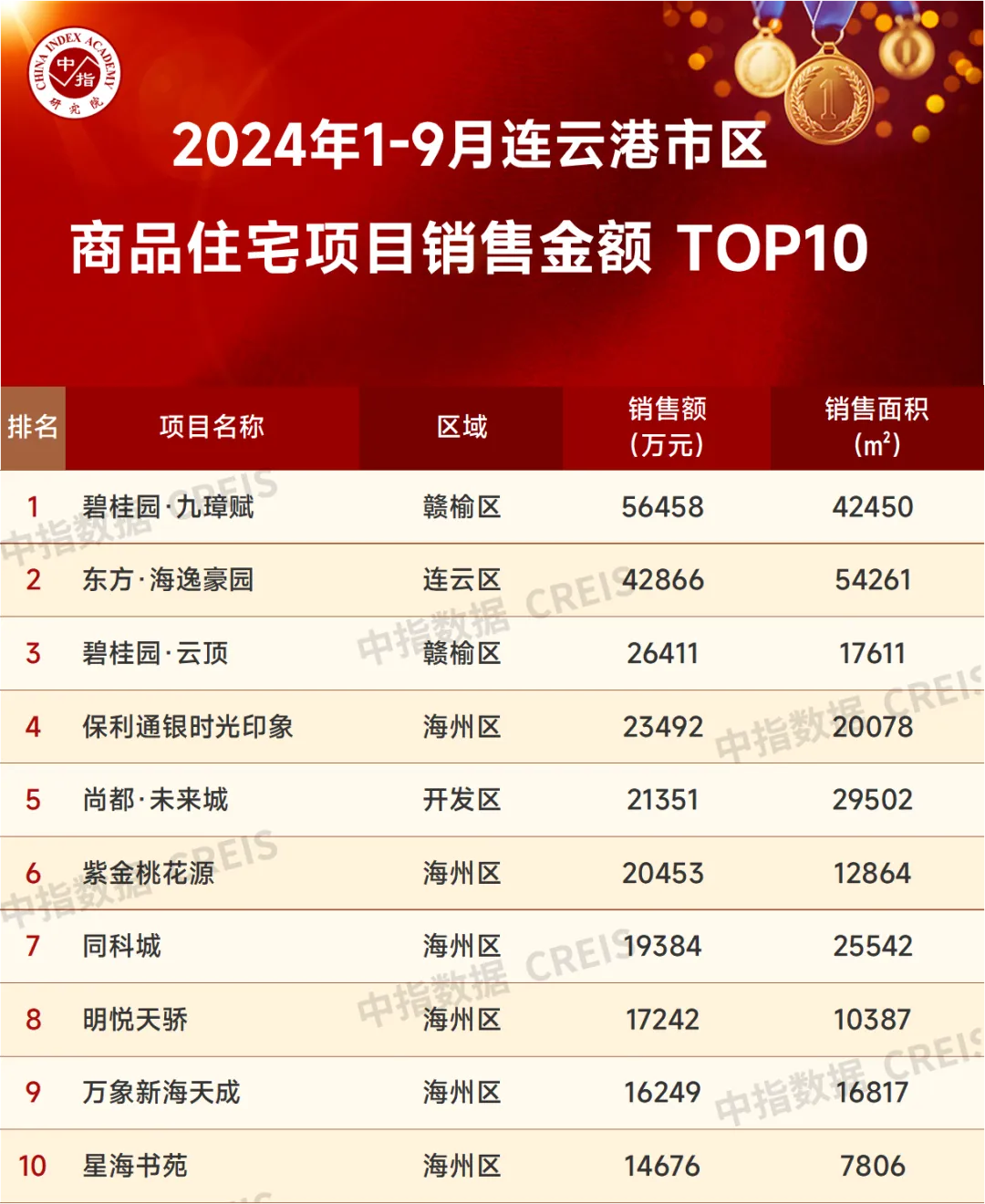 2024年1-9月连云港房地产项目销售业绩TOP10