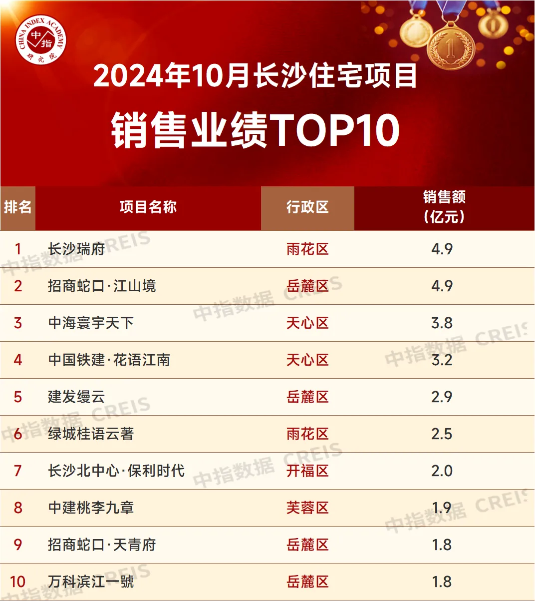 2024年1-10月长沙房地产企业销售业绩TOP20