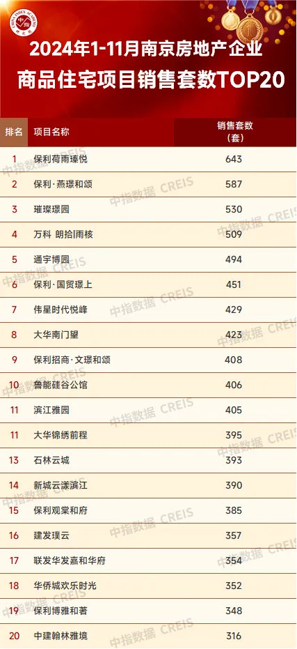 2024年1-11月南京房地产销售业绩TOP20