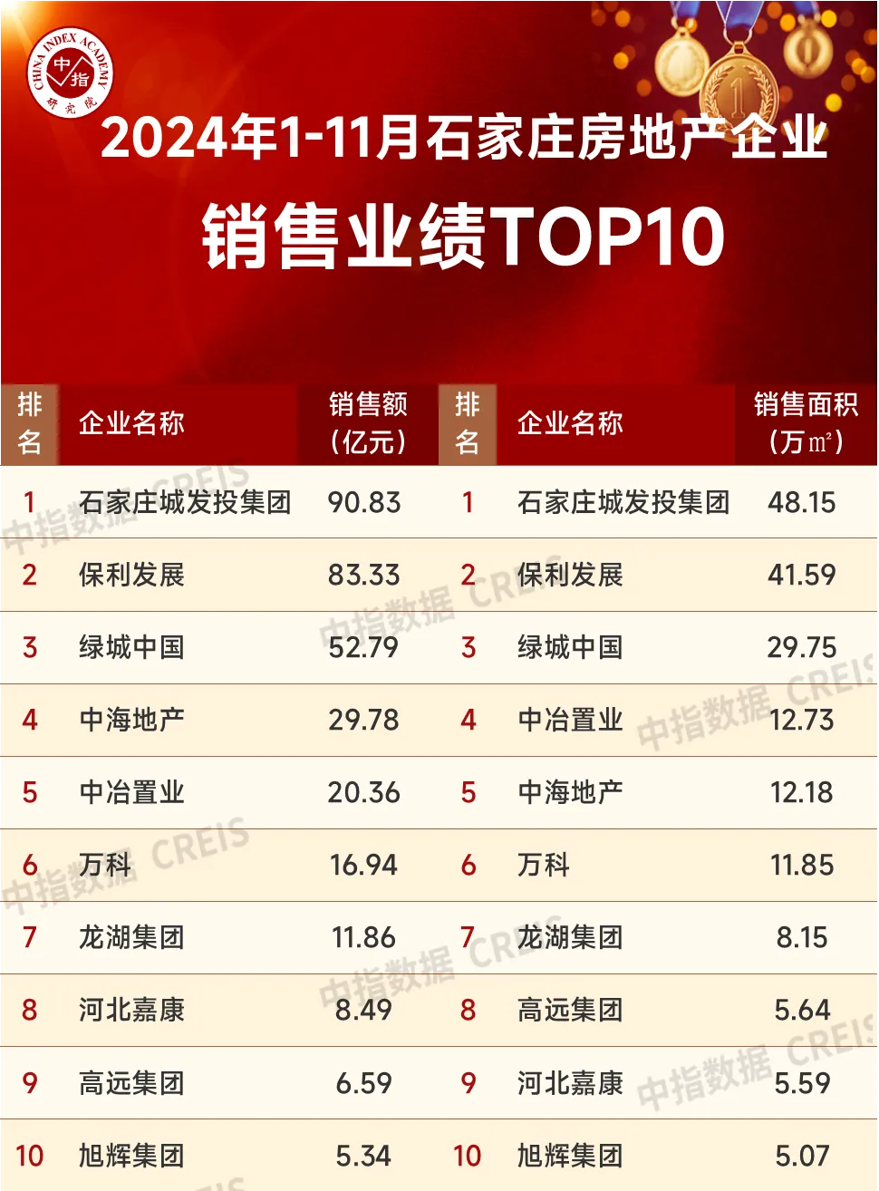 2024年1-11月石家庄房地产企业销售业绩TOP10