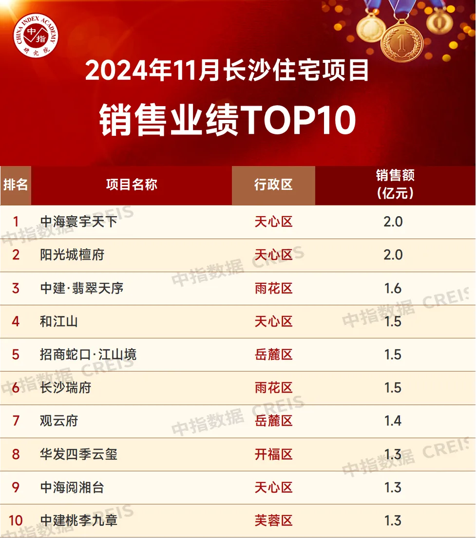 2024年1-11月长沙房地产企业销售业绩TOP20