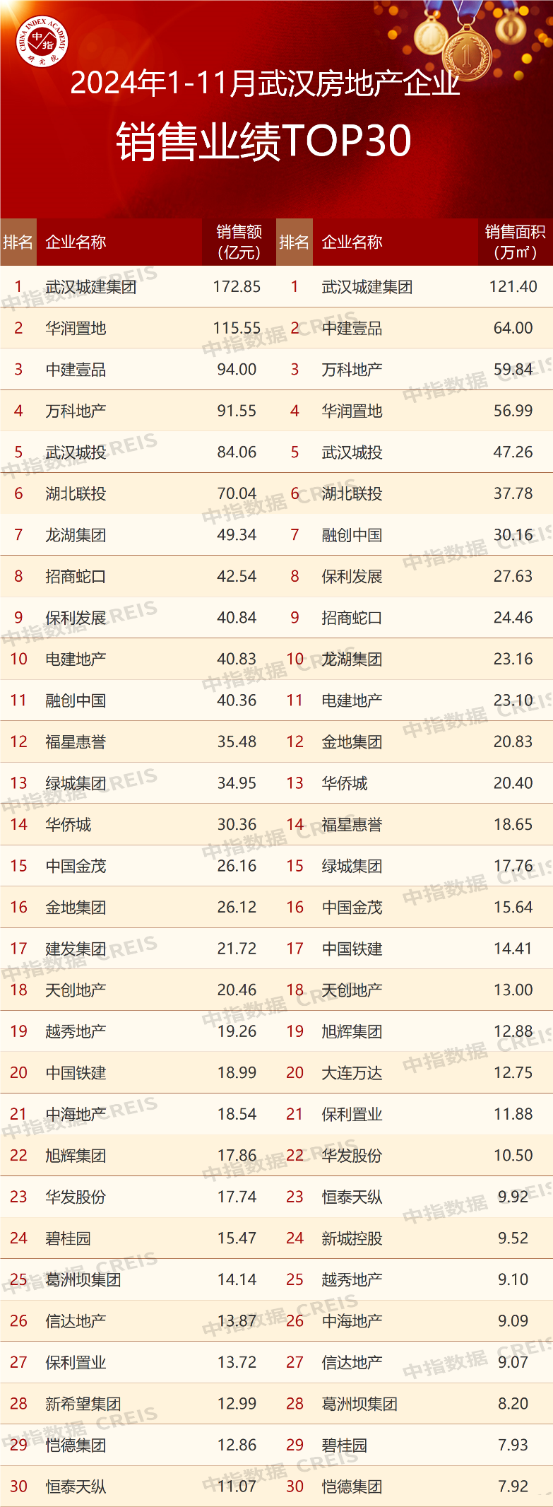2024年1-11月武汉房地产企业销售业绩TOP30