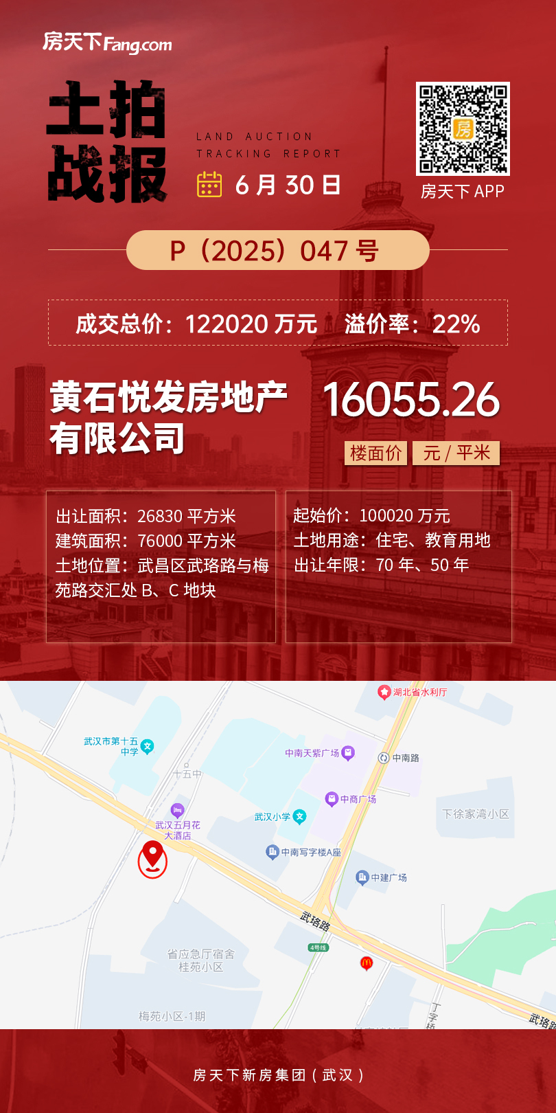 上半年武汉土拍收官之战火爆！106轮！溢价54%！民企拿地！