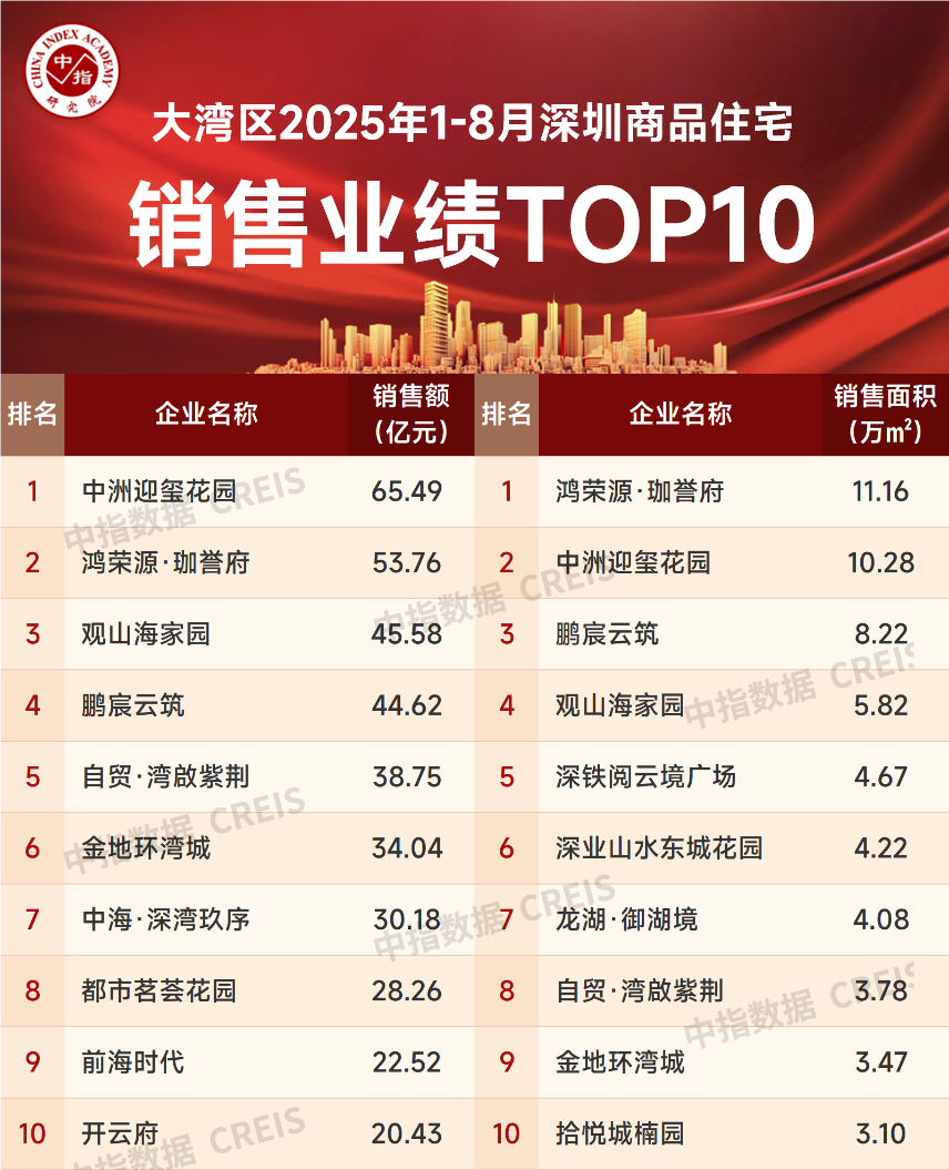2025年1-8月深圳房地产企业销售业绩TOP20