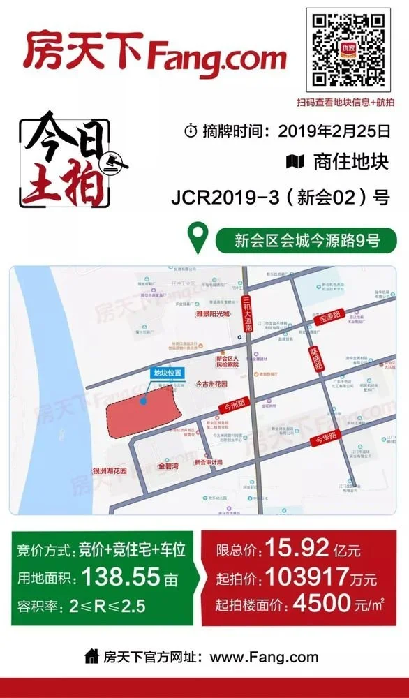 配建幼儿园!4500元/㎡起拍!新会今古洲138亩商住地挂牌