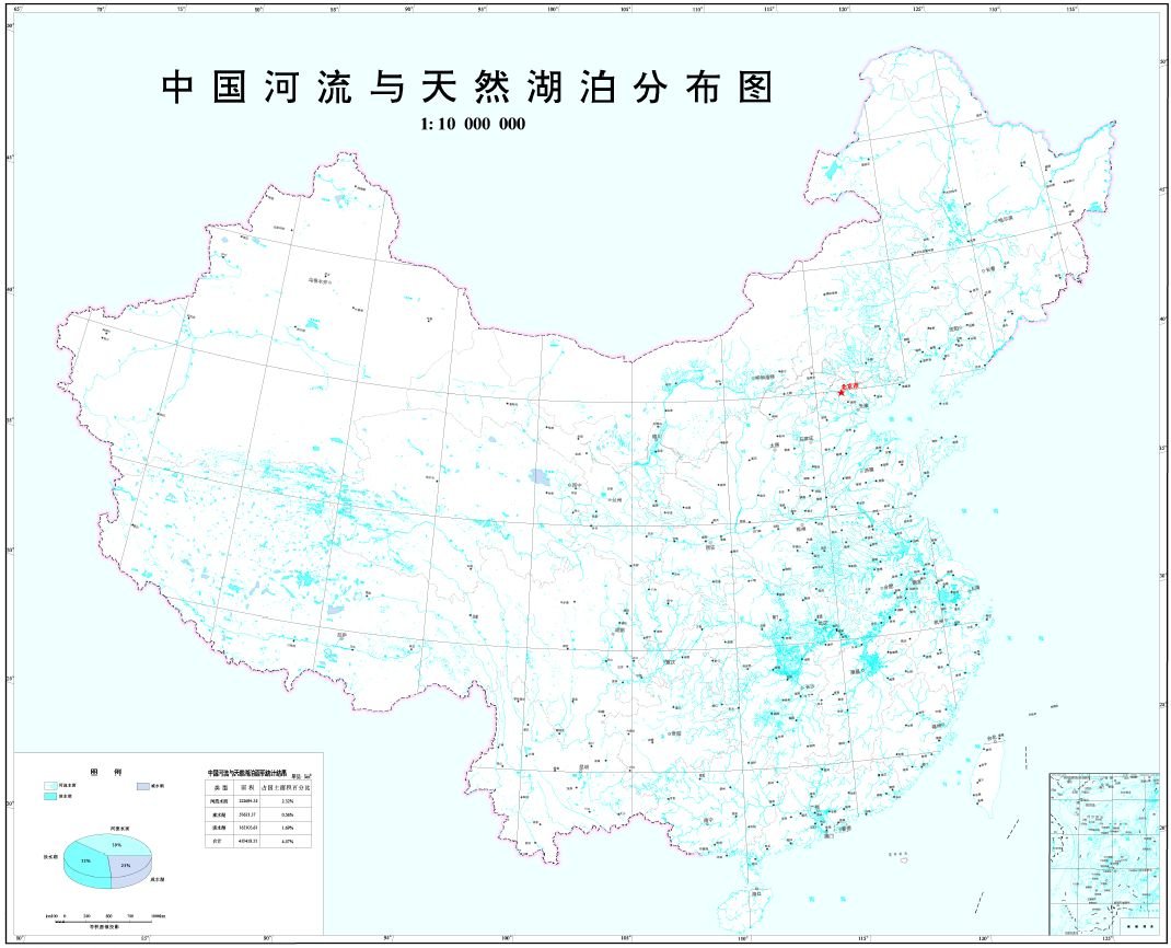 中国河流与天然湖泊分布图