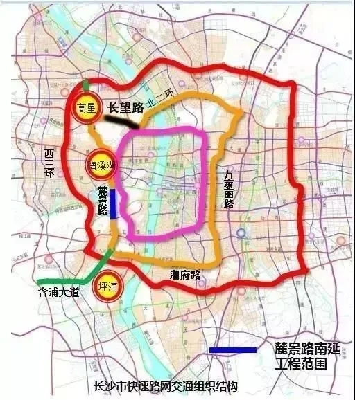 其实是根据长沙市快速路网交通组织结构图,长沙在二环和绕城高速(三环