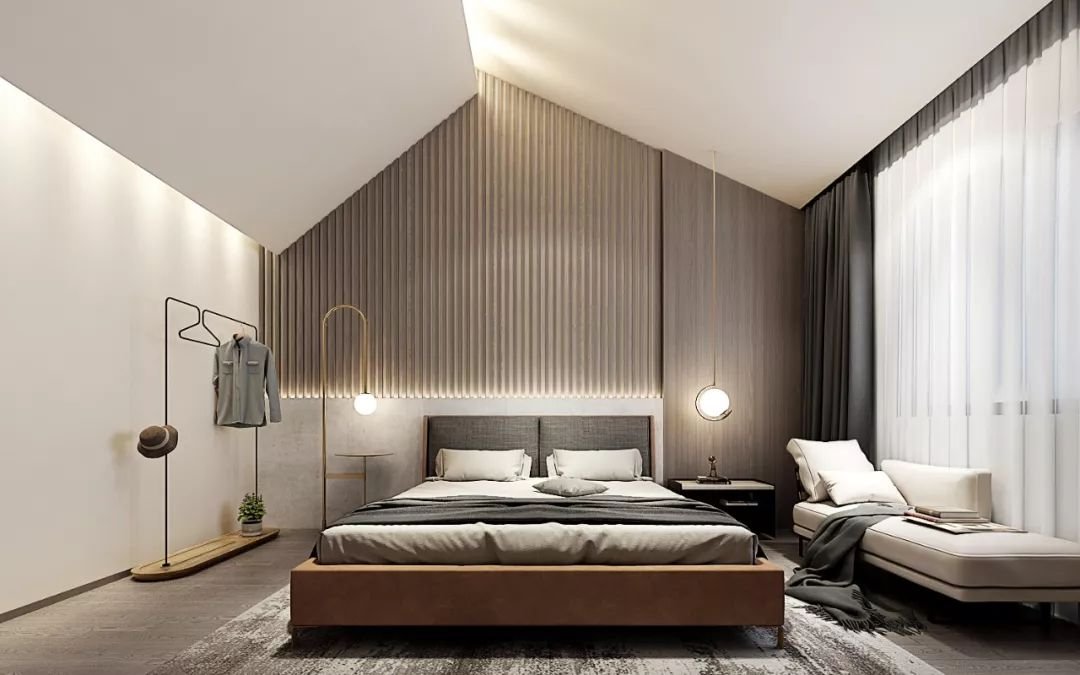 卧室依旧延续无主灯设计,将灯槽隐藏在墙缝里,不对称的床头灯设计,让