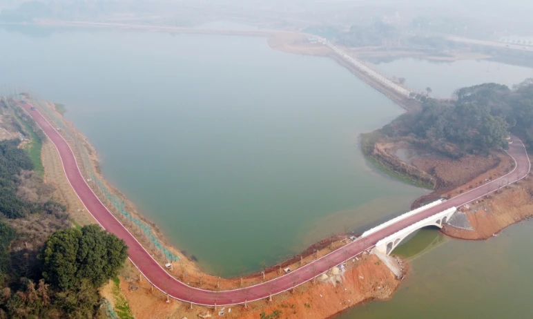 环赛城湖南岸绿道项目以自然景观为依托,规划在近岸水域铺设绿道