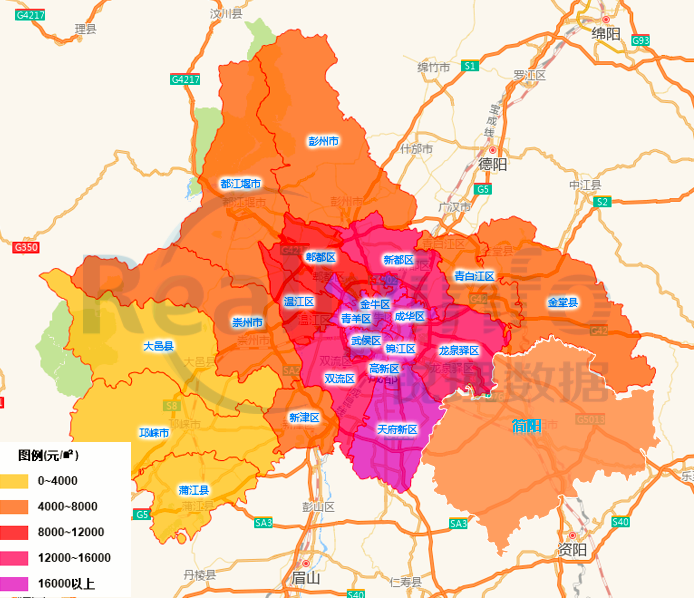 大成都各区域土地最高楼面地价热度图 03 写在最后 2020年,大成都