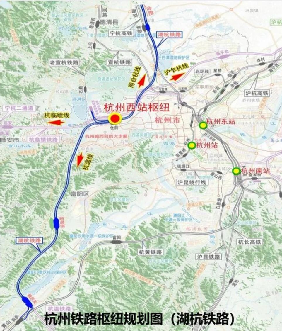 与杭州西站枢纽一同开工的湖杭铁路,是杭州西站南北向引入的高铁线路