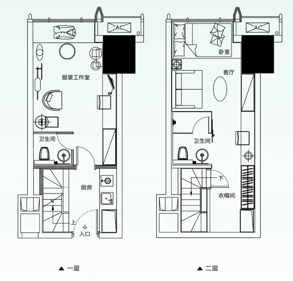 建面约38㎡loft公寓户型图装修示意参考