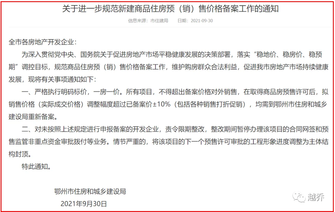 【越乔】发现,湖北首例房价"限跌令"来了,鄂州市近日发布楼市新政.