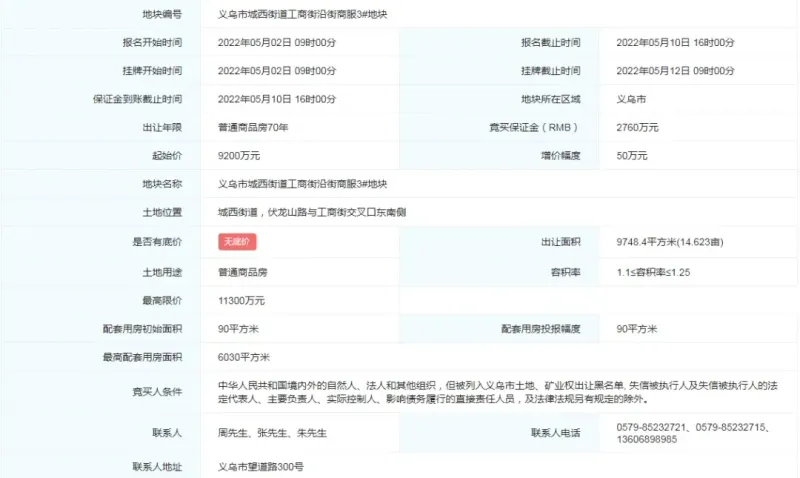 起价9200万元!义乌城西再出一宗沿街商住用地