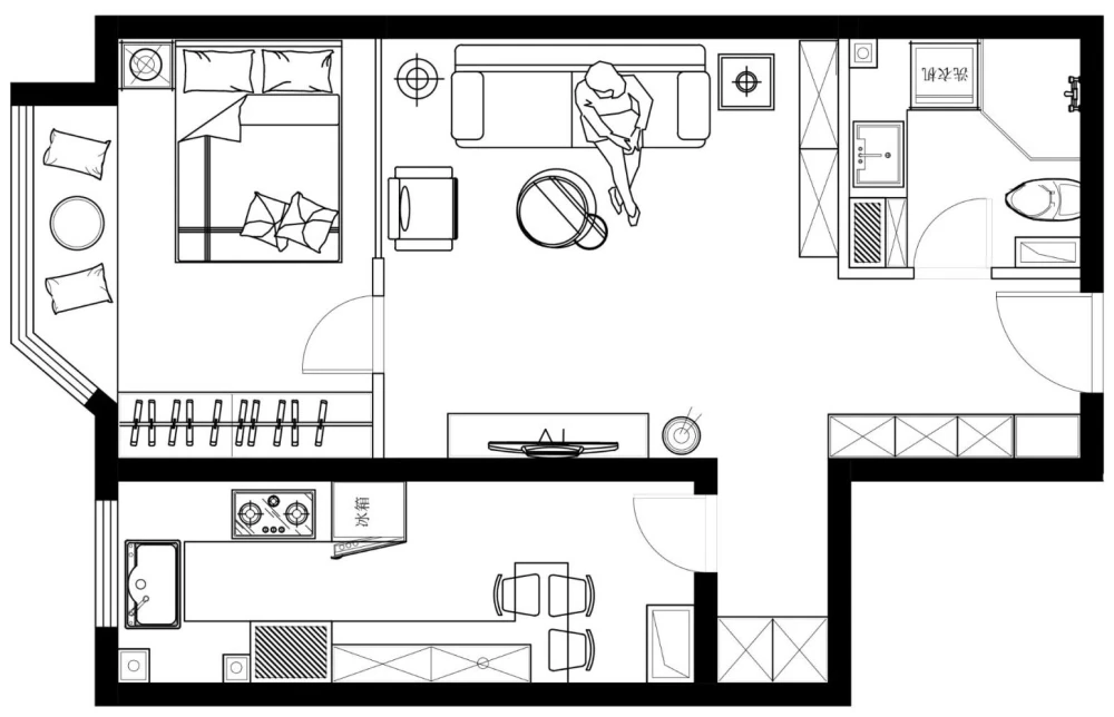 44平米长条形单身公寓的平面布置图