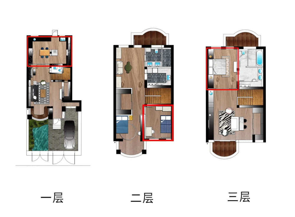 三层的别墅户型,面积宽敞,功能区齐全,划分合理.