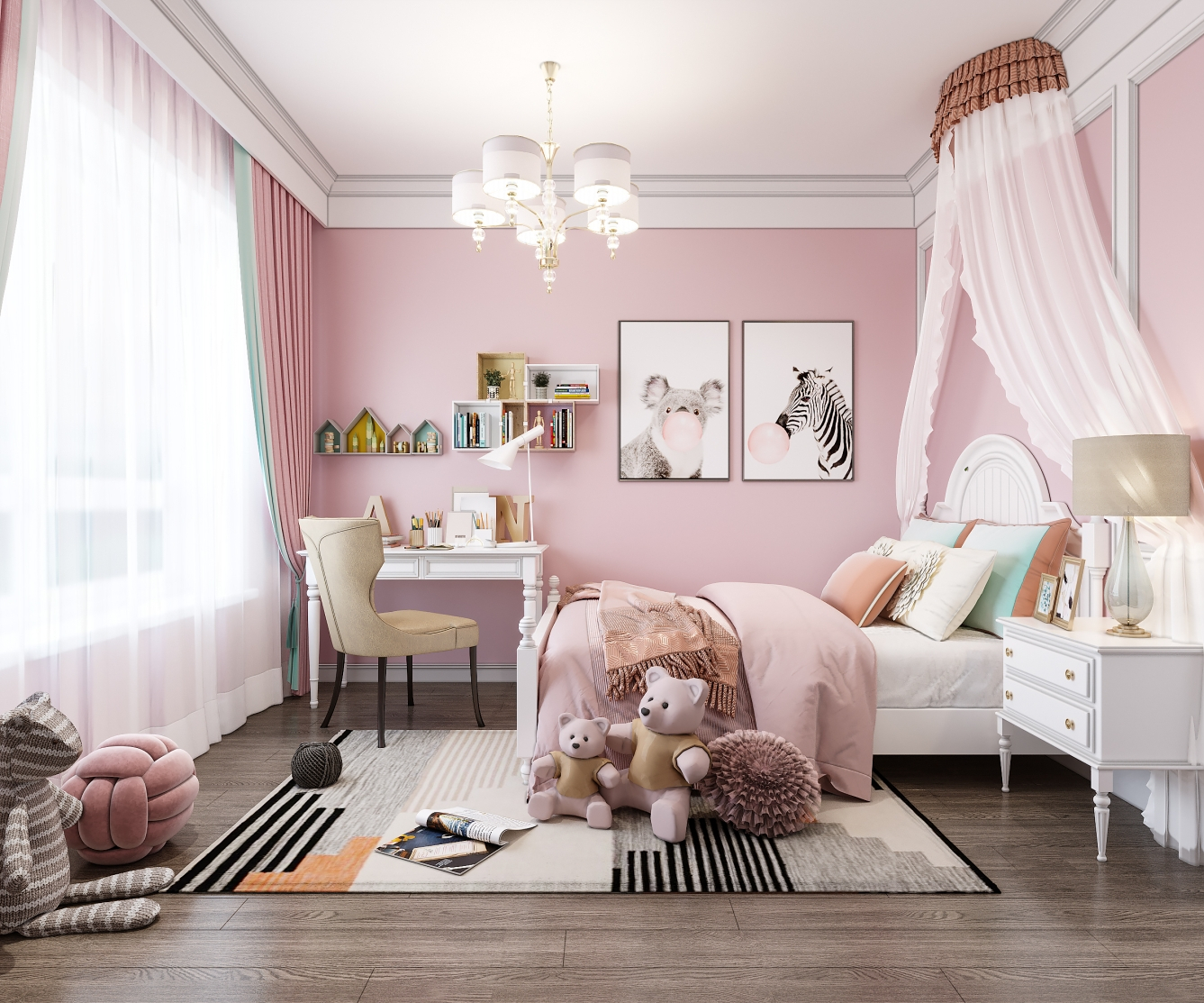 浅灰色的木地板粉色的背景墙及墙漆搭配彩色点缀增添空间的童真童趣