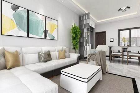 白色的沙发和茶几与沙发背景墙浑然一体,整体上和谐舒适.
