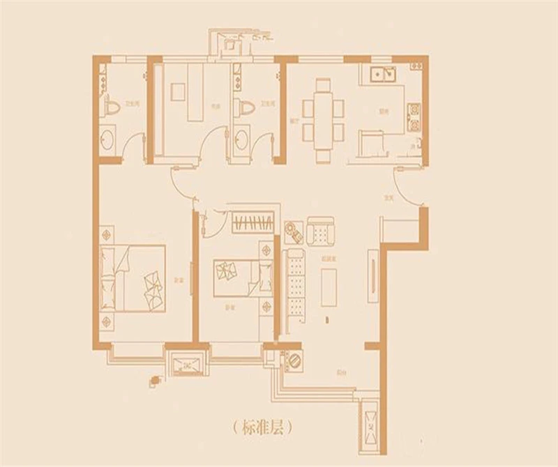 北辰区115㎡中储城邦三室两厅一厨两卫欧式风格户型图