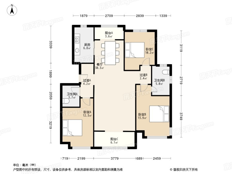 润都荣园129平，三居室装修案例效果案例
